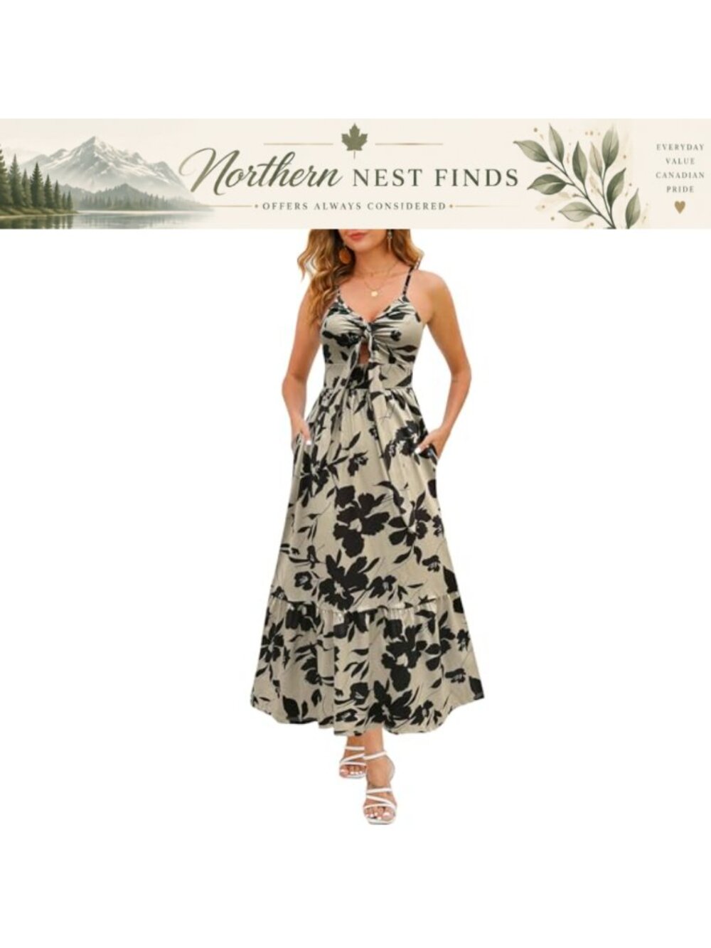 Women Floral Tiered Maxi Dress High Waist Tie Front Spaghetti Strap Pockets